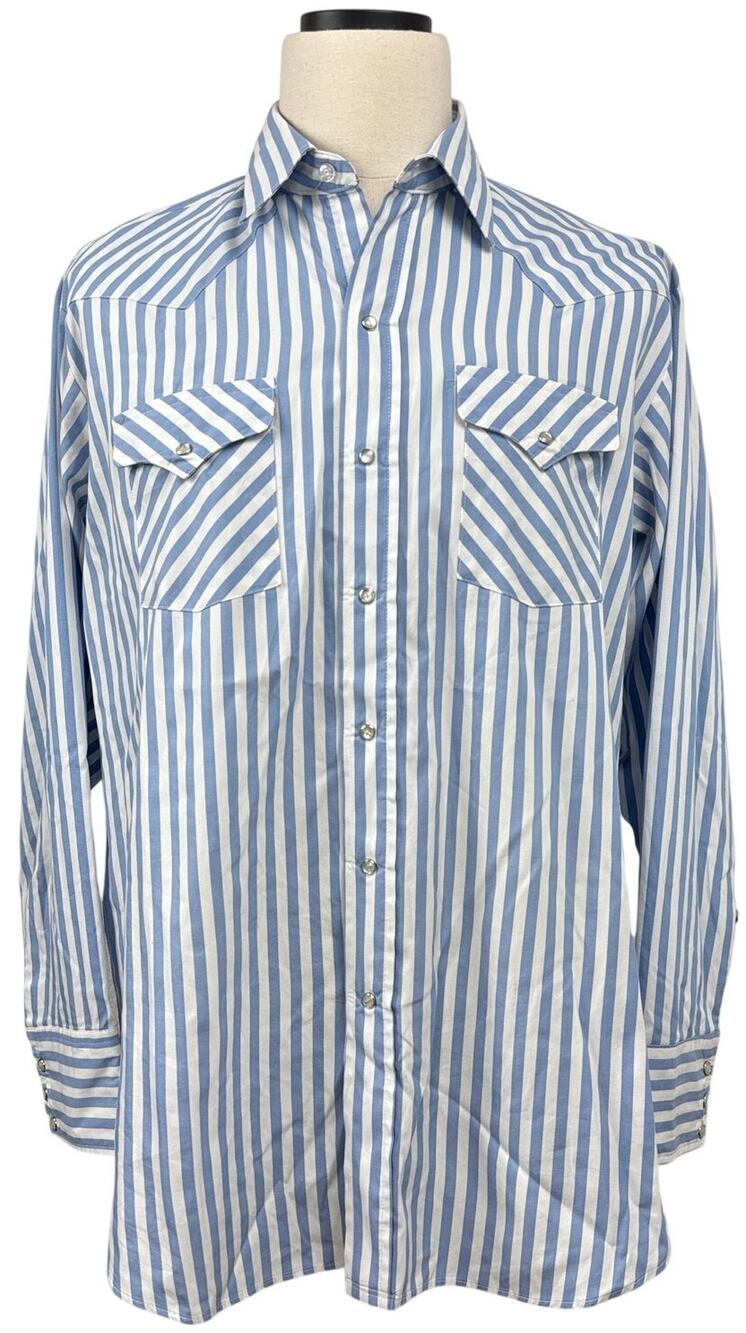 Vintage 80s Panhandle Slim Blue Stripe Pearl Snap Western Shirt USA XL